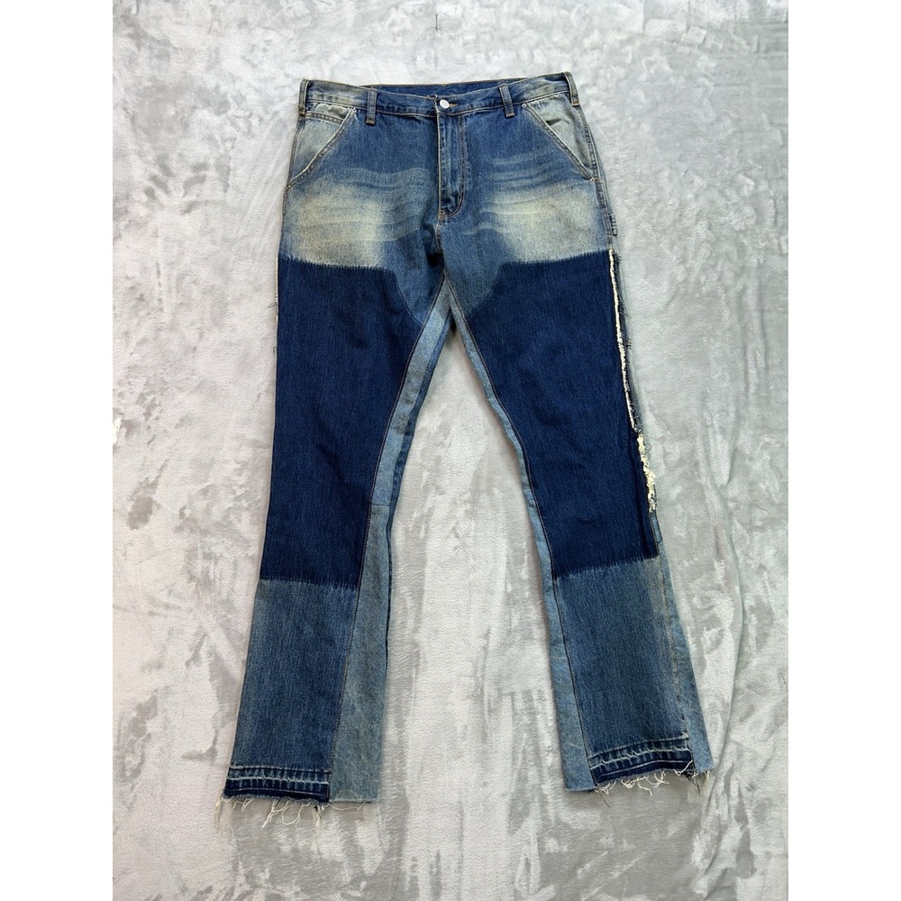 mnml Mens Patchwork Carpenter Jeans Blue Denim Flared Raw Hem Streetwear Size 34